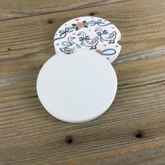 Goose with Bows and Hearts Floral Vintage Farmhouse Style Set of 2 Car Coasters - Picture 6 of 7
